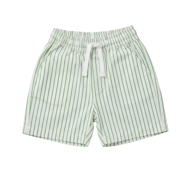 Green and white vertically striped shorts with a white drawstring waist, laid flat on a neutral beige background.